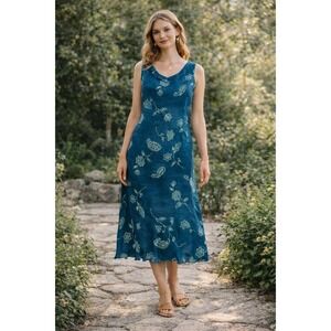 Vtg Valerie Stevens Womens Dress 8 Teal Blue Silk Floral Dainty Boho Chic Ruffle